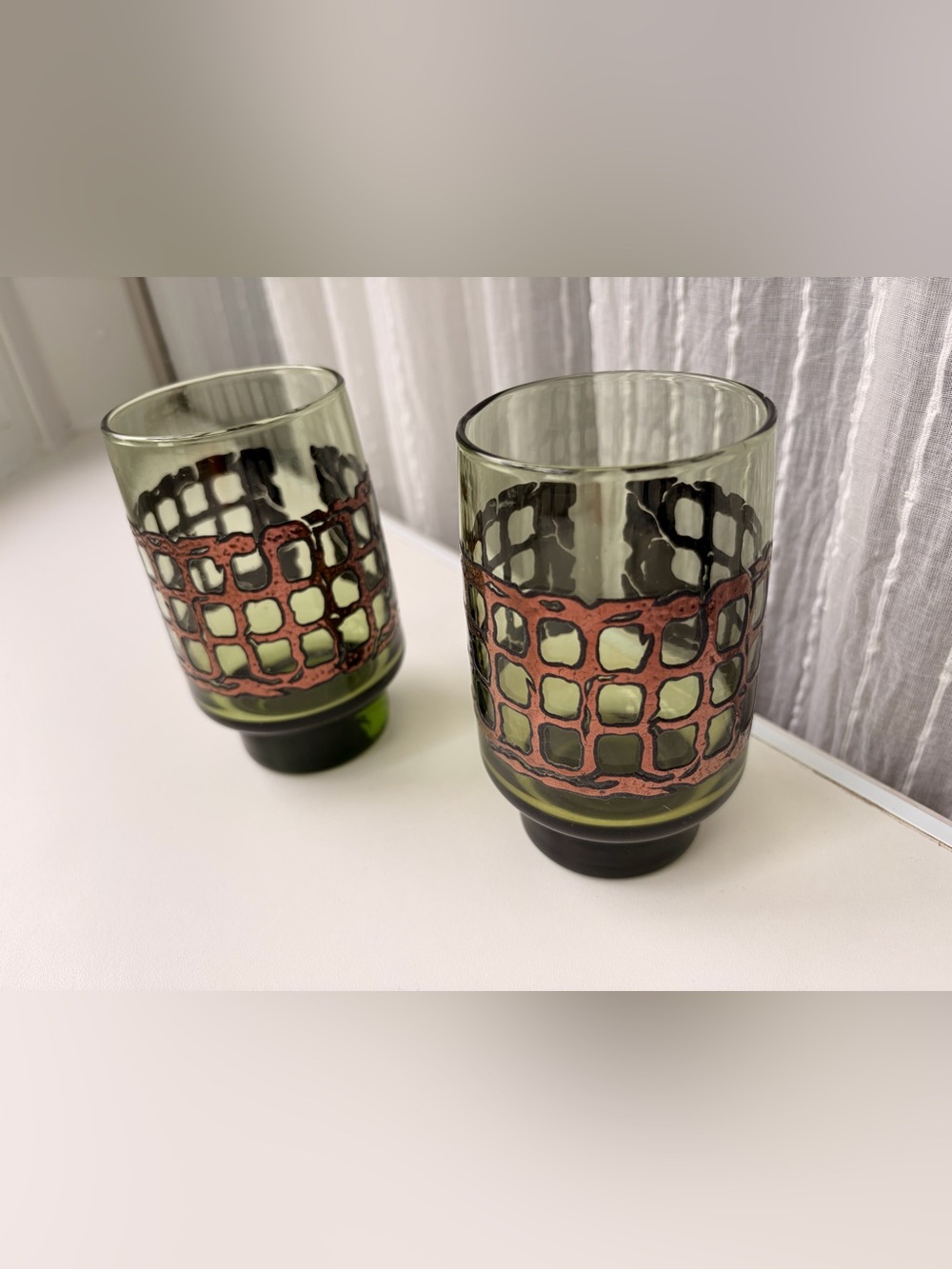 RARE VTG Libbey Signed 2 Green Glass Tumblers Copper Monogram MCM 1970s Barware - Picture 3 of 14